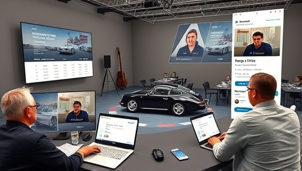 An engaging visual of a virtual auction room with multiple users participating in a live bidding session for a classic car, showcasing the excitement and competitiveness of online car auctions.