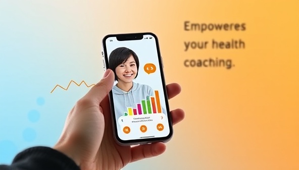 A digital platform interface showing a user engaging in a virtual health coaching session on a smartphone, with graphs displaying progress and a motivational quote in the background, symbolizing empowerment and progress.