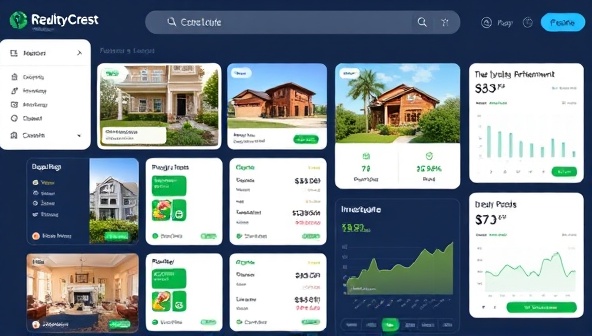 An online marketplace interface displaying a variety of real estate investment listings, property performance data, and investment portfolio tracking features, illustrating the user-friendly and data-driven nature of RealtyCrest for investors.