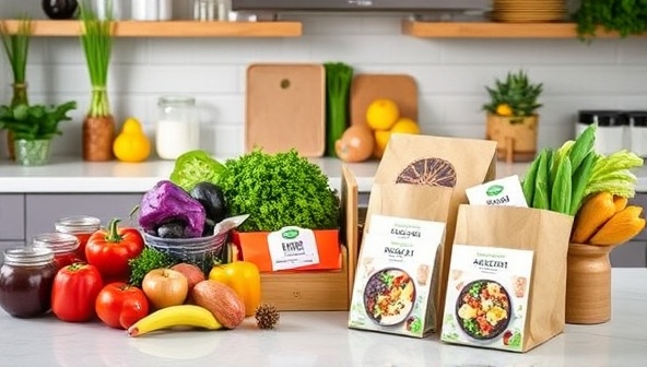 A vibrant kitchen setting with colorful plant-based ingredients neatly organized on a countertop, alongside GreenEats Prep Club meal prep packages filled with fresh produce and recipe cards, showcasing the convenience and health benefits of the plant-based meal subscription service.