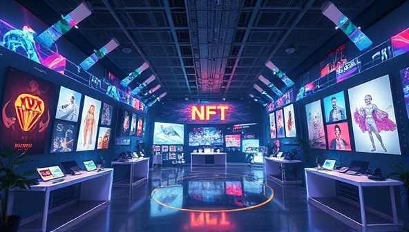An immersive digital illustration of a virtual art gallery showcasing a diverse collection of NFT artworks by digital artists, featuring interactive displays, virtual reality experiences, and dynamic visual effects, creating a futuristic and engaging art marketplace.