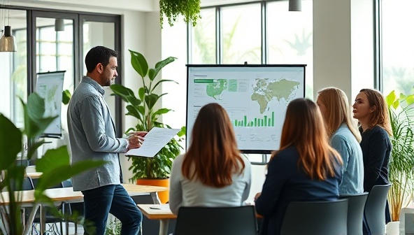 A modern office setting with eco-friendly materials and plants, showcasing a consultant presenting a sustainability report to a group of engaged business executives, highlighting the impact of green initiatives.