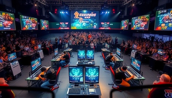 An action-packed gaming arena scene featuring players engaged in intense skill-based competitions, with digital scoreboards, flashing lights, and a crowd of spectators cheering in the background, capturing the excitement and competitiveness of the SkillWin Arena platform.