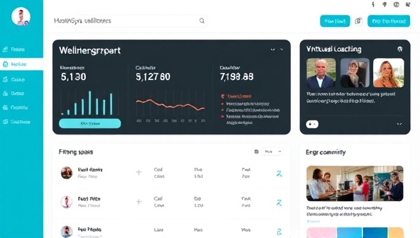 An interactive wellness dashboard displaying a client tracking fitness progress, setting goals, attending virtual coaching sessions, and engaging with a supportive community of HealthSync Mentor subscribers, illustrating the personalized and motivating approach to health coaching and accountability.