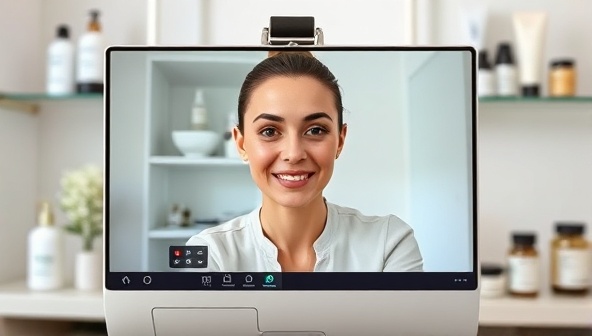 A virtual skincare consultation session where a professional esthetician is discussing skincare routines with a client via video call, with shelves of skincare products in the background, creating a personalized and modern skincare experience.