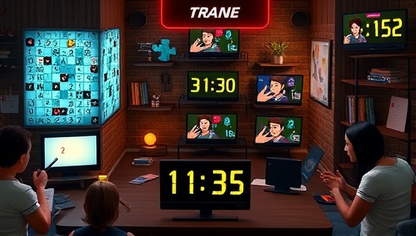 An immersive virtual room setting with diverse puzzles, a group of friends collaborating on solving clues on their screens, and an animated countdown clock, creating a sense of urgency and excitement.