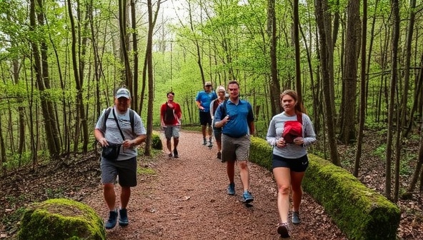 An adventurous image of participants navigating through a wooded trail, solving clues and challenges in a thrilling outdoor adventure game event, with scenic nature views, hidden caches, and excited teamwork, capturing the excitement and camaraderie of QuestVentures' unique outdoor experiences.