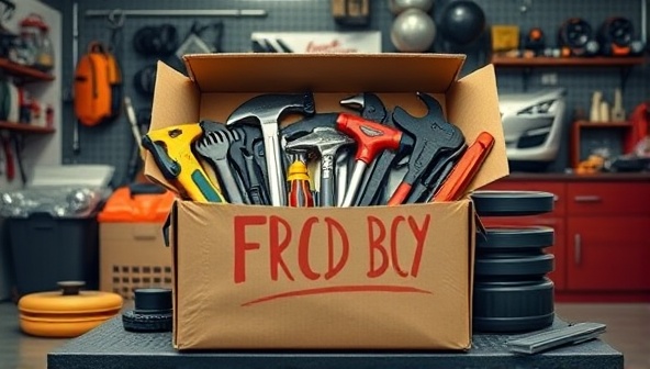 An open subscription box overflowing with high-quality car tools, accessories, and gadgets, surrounded by a backdrop of a well-equipped garage, evoking excitement and anticipation.