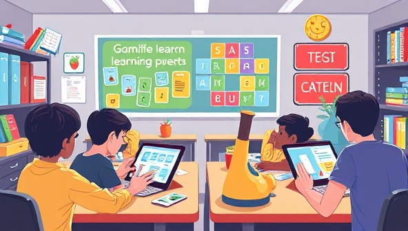 An educational illustration of students interacting with the gamified learning platform on tablets and laptops, solving puzzles and quizzes in a virtual classroom environment, surrounded by playful graphics and educational elements, fostering a fun and interactive learning atmosphere.