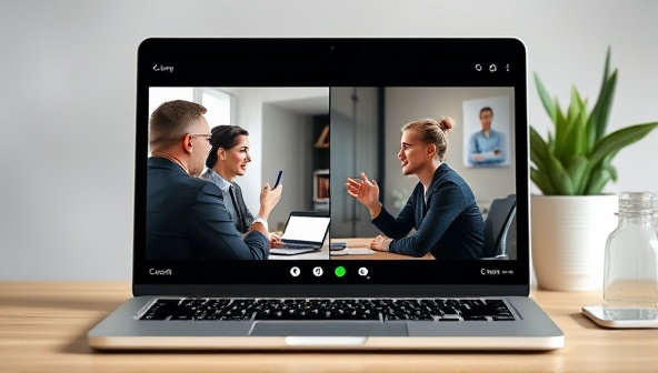 A laptop screen displaying a virtual interview session with a professional coach giving feedback to a candidate, showcasing a dynamic and engaging online coaching experience.
