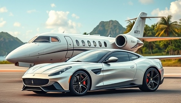 An elegant image of a luxurious car parked in front of a private jet, with a picturesque background of a tropical paradise, evoking a sense of upscale travel and adventure.