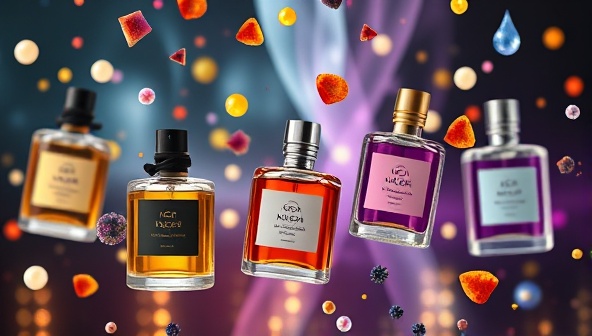 An artistic depiction of various perfume bottles and scent notes floating in a digital space, symbolizing the creative and personalized nature of custom fragrance creation offered by ScentCraft Studio.