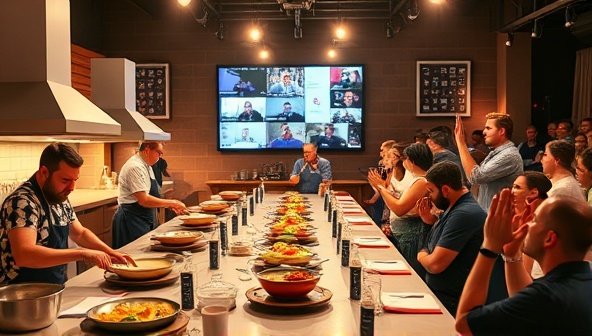 An action-packed image depicting a virtual cooking competition in progress, with contestants cooking furiously in their kitchens, judges observing attentively via video call, and a virtual audience cheering and reacting in real-time, capturing the excitement and intensity of culinary competition.