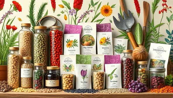 An artistic depiction of a diverse array of heirloom seeds displayed in glass vials and packets, arranged in a botanical-inspired setting, with vibrant plant illustrations and gardening tools in the background, evoking a sense of heirloom seed treasures and biodiversity conservation.