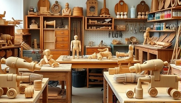 A cozy workshop filled with wooden toys in various stages of production, with colorful paints and tools scattered around, evoking a warm and nostalgic atmosphere of handmade craftsmanship.