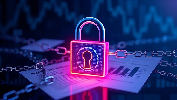 An image featuring a digital padlock symbolizing security, overlaid with blockchain chains and financial audit documents, conveying the concept of transparent and secure audit verification offered by AuditChain.