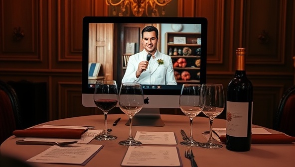 A virtual wine tasting setup with a sommelier guiding a tasting session through a selection of premium wines, displayed on a elegant table setting with tasting notes, wine glasses, and a computer screen showcasing the live interactive session, creating a sophisticated and immersive wine experience for subscribers of VinoVirtuoso.