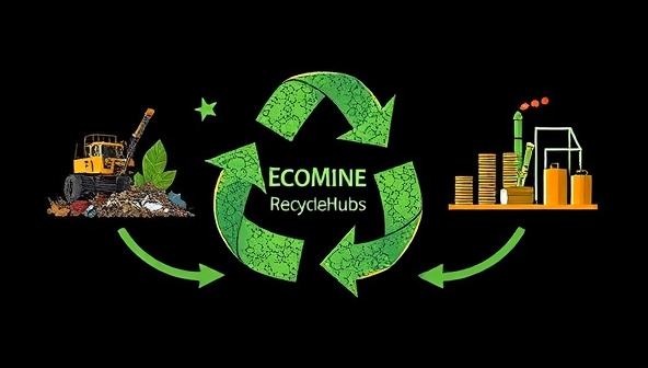 An artistic representation of a mining waste recycling process, featuring a circular economy concept with arrows symbolizing the continuous flow of materials from mining sites to recycling facilities, highlighting the sustainability and environmental impact of EcoMine RecycleHub's marketplace.