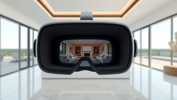 A virtual reality headset showcasing an immersive 3D tour of a modern luxury home, with interactive features allowing users to navigate through rooms and experience the property as if physically present, creating a cutting-edge real estate viewing experience.