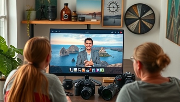 An online workshop setting with a virtual instructor guiding participants through a photography lesson, displaying stunning travel images on a screen, surrounded by cameras, lenses, and artistic photography props, inspiring creativity and learning.