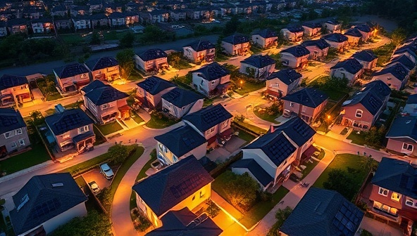 An aerial view illustration of a residential neighborhood with solar panels on rooftops interconnected by glowing energy lines, symbolizing a sustainable and interconnected community powered by solar energy from SunGrid Community.