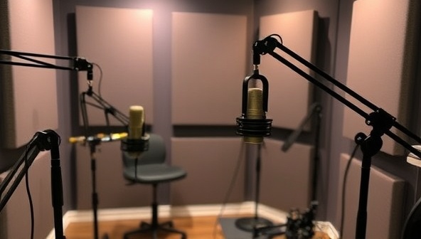 A podcast studio setup with microphones, soundproofing panels, and recording equipment, capturing the essence of architectural conversations and storytelling in a professional and engaging environment, symbolizing the platform's commitment to quality content and industry insights.