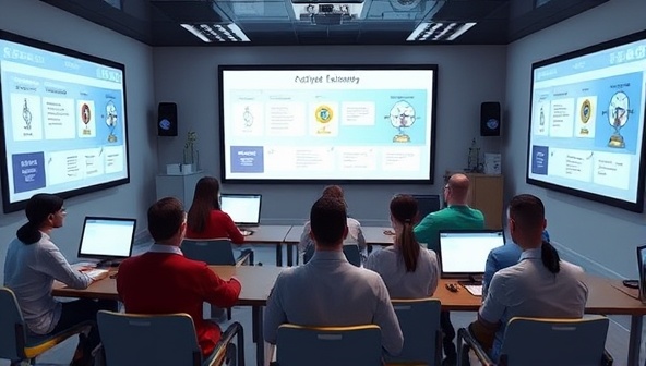 An immersive digital classroom environment with virtual screens displaying course materials, interactive exercises, and a diverse group of avatars engaging in a collaborative learning experience, illustrating the adaptive and engaging nature of SkillCraft Academy.