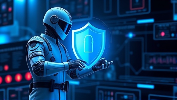 A futuristic website maintenance concept image featuring a digital guardian protecting a website from cyber threats and performance issues, symbolizing the proactive and vigilant approach of SiteGuardian in safeguarding clients' online assets.