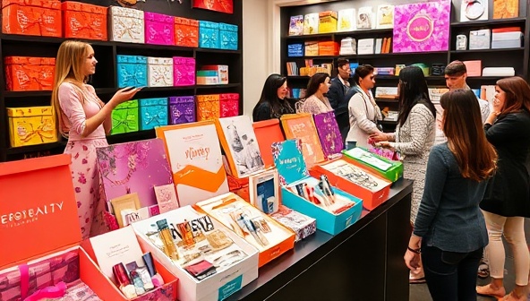 A vibrant beauty subscription box showcase featuring an array of themed beauty boxes adorned with colorful ribbons and labels, a display table with open boxes revealing luxurious beauty products, enthusiastic customers browsing and selecting their favorite boxes, and a backdrop showcasing the diverse beauty box offerings, creating a captivating and immersive beauty discovery experience.