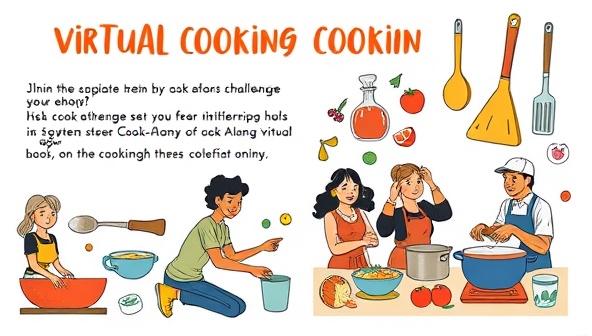 An engaging social media post featuring a virtual cooking challenge announcement, colorful illustrations of ingredients, cooking utensils, and a diverse group of participants cooking together online, inspiring others to join the Cook-Along Tribe community.