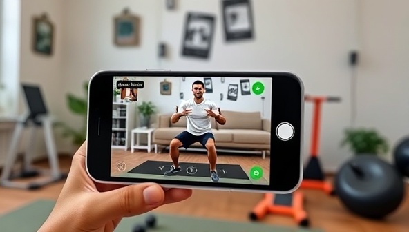 A smartphone displaying a virtual workout session with a coach guiding a user through exercises in a home setting, surrounded by fitness equipment and motivational quotes, showcasing convenience and expertise.