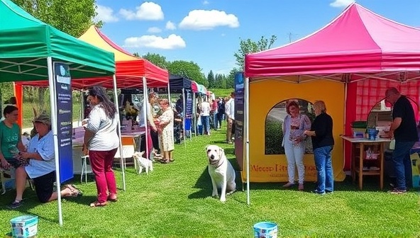 An outdoor pop-up clinic setting with colorful tents, happy pets, and pet owners engaged in wellness activities, creating a vibrant and welcoming atmosphere for pet healthcare.