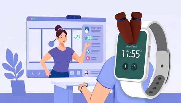 An illustration of a virtual fitness coach guiding a user through a workout session via a video call, with a digital fitness tracker displaying progress metrics in the background, symbolizing convenience and personalized fitness support.