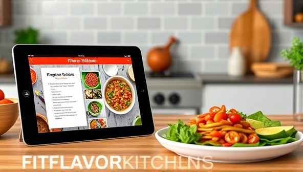 A virtual kitchen setting with ingredients laid out for a fitness recipe, a tablet displaying a cooking tutorial, and a finished nutritious meal ready to be enjoyed, highlighting the convenience and health benefits of FitFlavors Kitchen's online recipe subscription service.