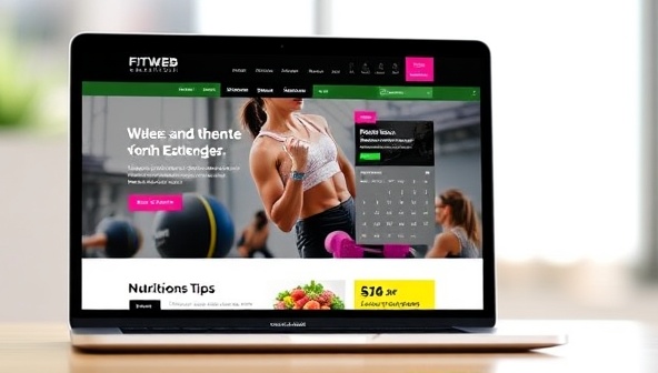 An image of a laptop displaying a vibrant fitness website template with workout videos, nutrition tips, and a booking calendar, capturing the energetic and health-focused essence of FitWeb Creations.
