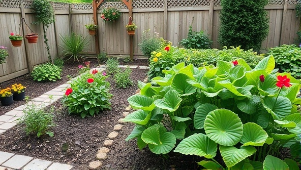 A charming backyard garden setting with lush plants thriving from the application of organic fertilizers, showcasing the beauty and vitality of plants nurtured with natural and sustainable products.