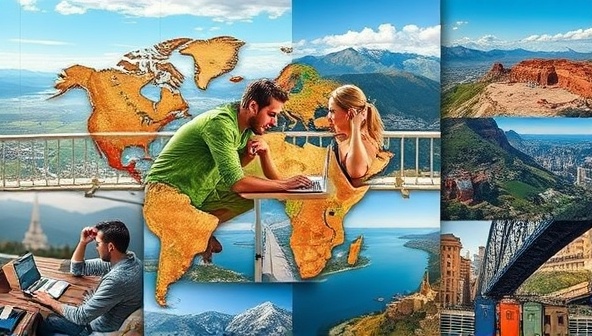 A vibrant collage of digital nomads working from scenic locations around the world, showcasing the brand's products and services in action amidst breathtaking landscapes and bustling cityscapes.