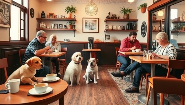 A cozy cafe setting with pet owners enjoying coffee and treats alongside their well-behaved pets, with pet-friendly decor, water bowls, and a playful pet corner, creating a warm and inviting space for human-pet bonding and socializing.