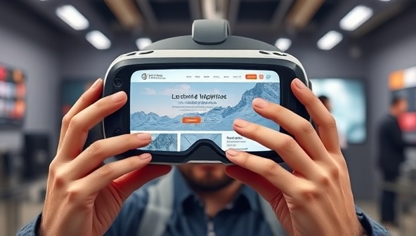 An immersive VR headset displaying a website in a virtual reality environment, with hands interacting with the interface, showcasing the futuristic and interactive nature of VR web tours.
