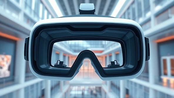 An immersive VR headset displaying a realistic 3D architectural visualization of a modern building interior, with interactive elements and a futuristic design aesthetic, illustrating the potential of VR technology in architectural representation.