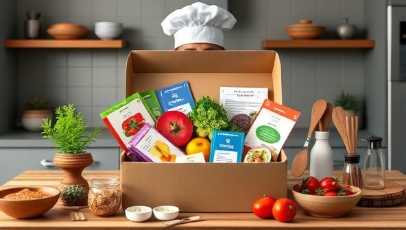 A visually appealing image of a neatly arranged DIY meal kit box filled with colorful ingredients, recipe cards, and cooking utensils, set against a backdrop of a modern kitchen with a chef's hat and apron, conveying a sense of culinary adventure and gourmet cooking at home.