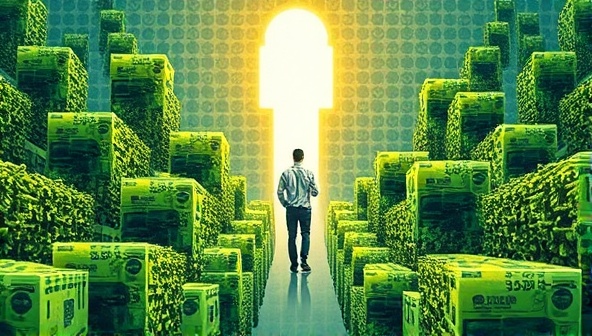 An inspiring image of a coach guiding a person through a maze of financial challenges, with light at the end symbolizing financial freedom and peace of mind, representing the journey of personal finance wellness coaching.