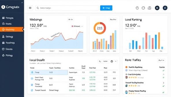 An interactive SEO dashboard displaying local search ranking improvements, website traffic analytics, and customer review ratings, showcasing the tangible results of local SEO consultancy services for small businesses.