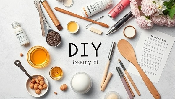 An aesthetically pleasing flat lay image featuring a beautifully arranged DIY beauty kit with various ingredients, tools, and instructions, evoking creativity and self-care.