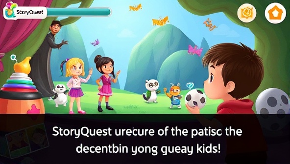 An animated scene from the StoryQuest Kids app, showcasing colorful characters, interactive elements, and a child immersed in a magical storytelling adventure, illustrating fun and educational entertainment for young audiences.