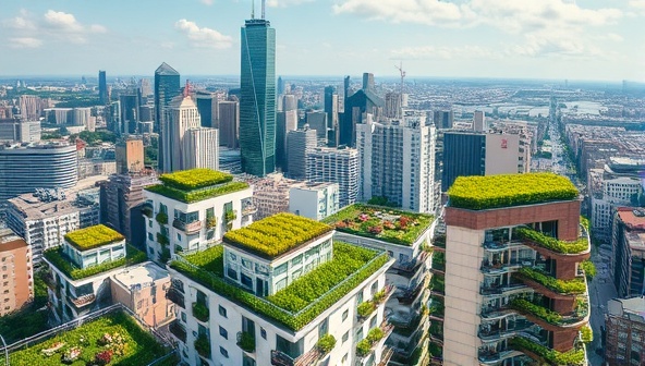 An aerial view of a modern city skyline with lush rooftop gardens adorning various buildings, showcasing the integration of green spaces in urban environments and promoting sustainability.