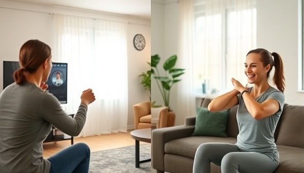 A split-screen image showing a virtual personal training session in progress, with a trainer guiding a client through exercises on one side and the client sweating and smiling in their living room on the other side, conveying convenience and effectiveness.