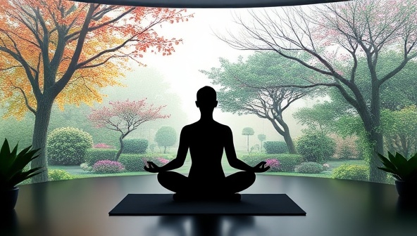 An immersive meditation setting featuring a serene virtual garden with tranquil nature sounds, soft lighting, and a silhouette of a meditating figure in a peaceful state, evoking a sense of calm and mindfulness, reflecting the essence of MindfulSoul's virtual meditation platform.