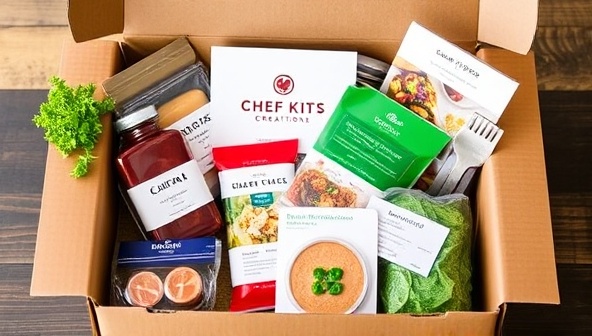 A colorful and neatly arranged meal kit box with fresh ingredients, recipe cards, and cooking utensils, showcasing the convenience and quality of the Chef's Kit Creations subscription service in a visually appealing manner.