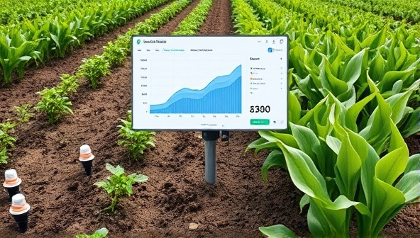 An image of a smart irrigation system in action, showing sensors in a field, connected to a central control panel displaying real-time data on soil moisture levels and water usage, with lush green crops in the background.
